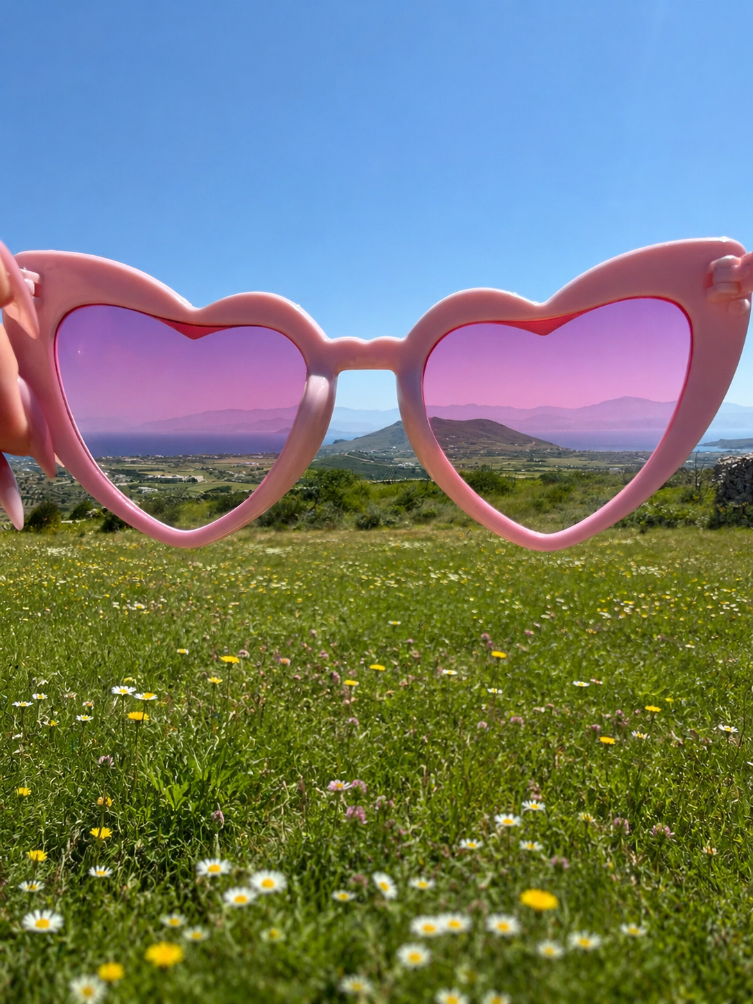 Pink heart-shaped sunglasses held up over a green wildflower meadow and coastline